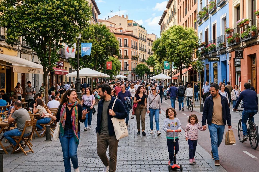 Busy pedestrian street with cafés, shops, families, and cyclists